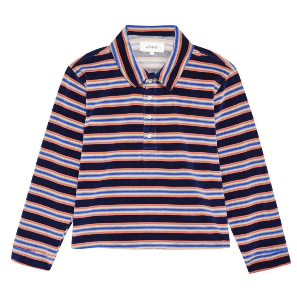 THE GREAT. Navy Striped Polo Top with Pink & Light Blue Stripes